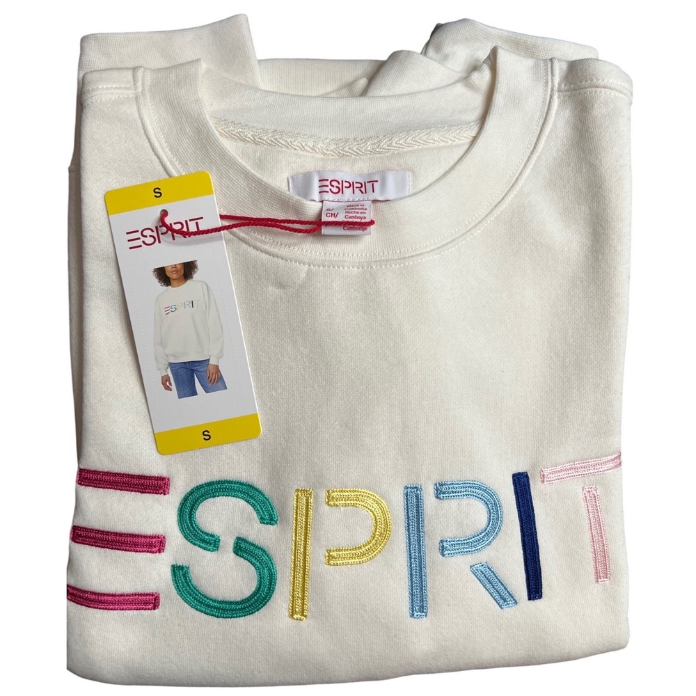 ESPRIT Logo Sweatshirt Women S Cream Crewneck Relaxed Fit Cotton Blend NWT 80s - Picture 3 of 11